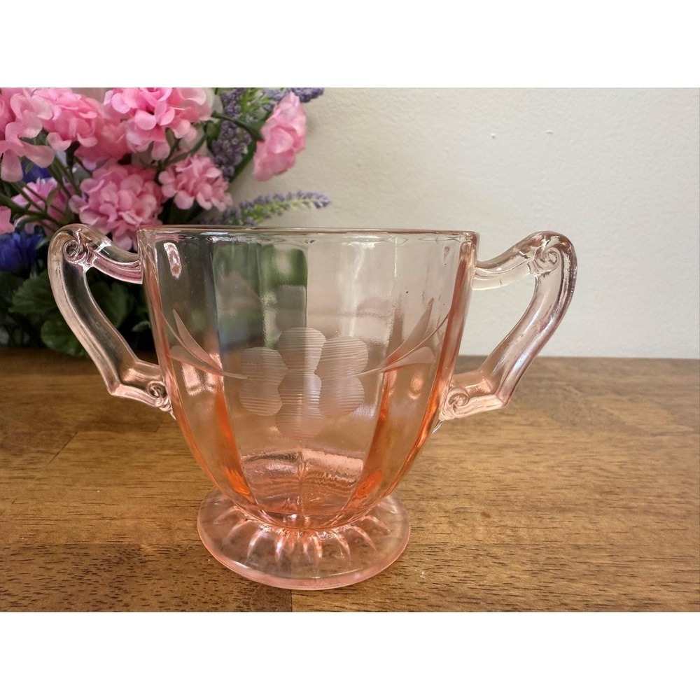 Fine Rib Pink Depression Glass Sugar Bowl Ribbed‎ Art Deco Two-Handled